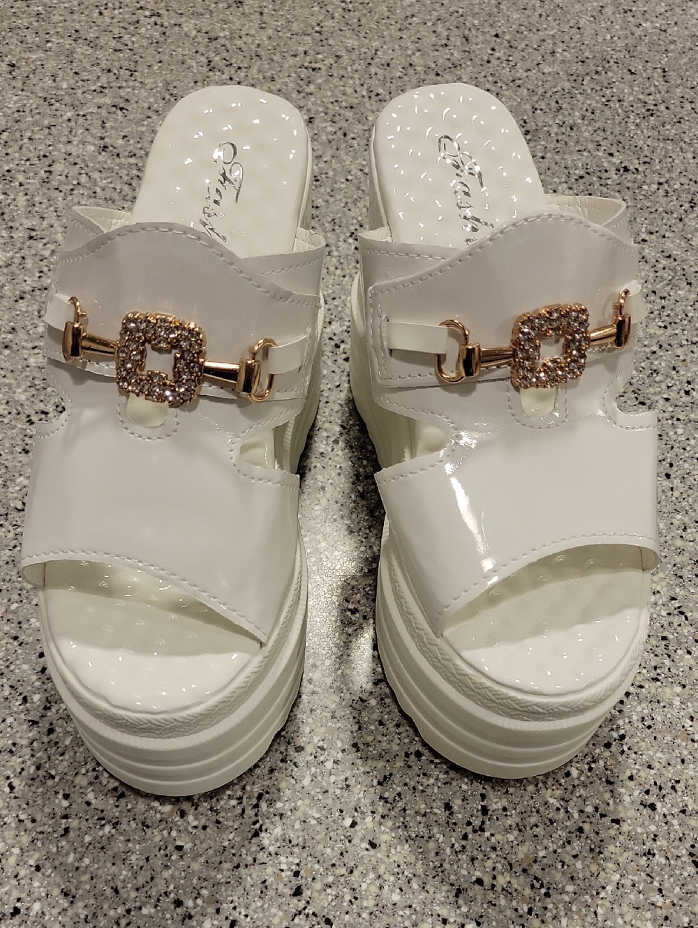 Kids  White Platform Slide Sandals with Rhinestone Buckle